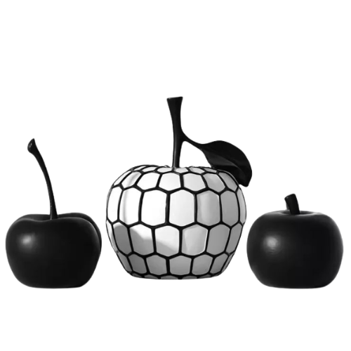 Esculturas Decorativas Frutas Listradas – Maçã e Abacaxi em Resina Minimalista Preto e Branco