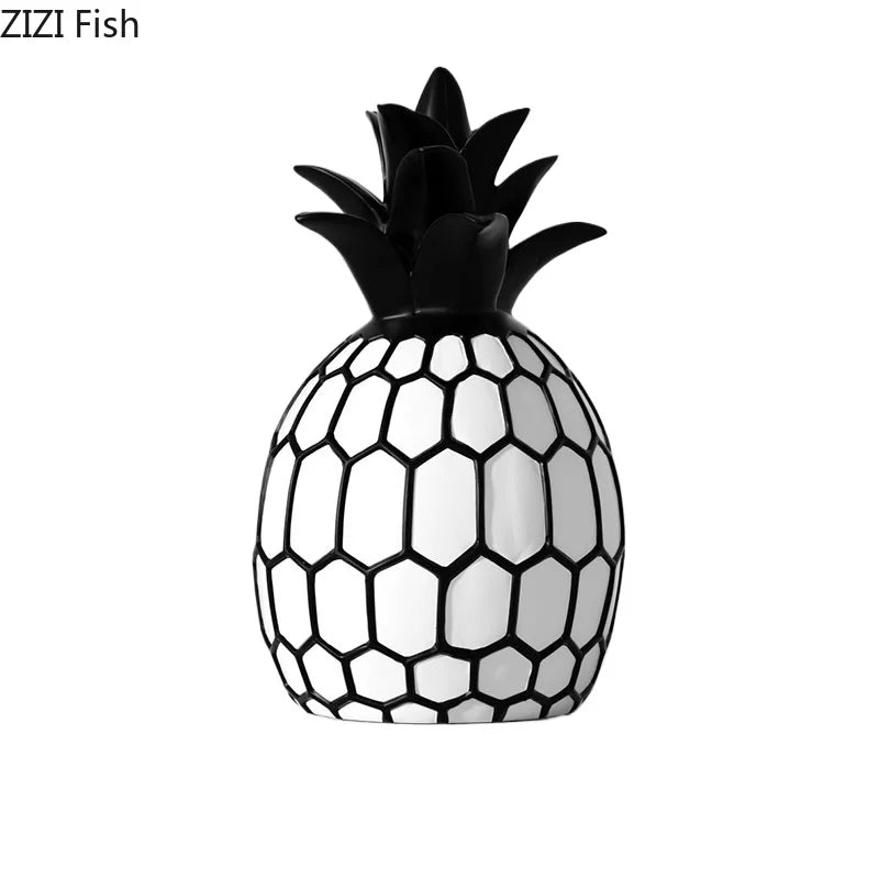 Esculturas Decorativas Frutas Listradas – Maçã e Abacaxi em Resina Minimalista Preto e Branco