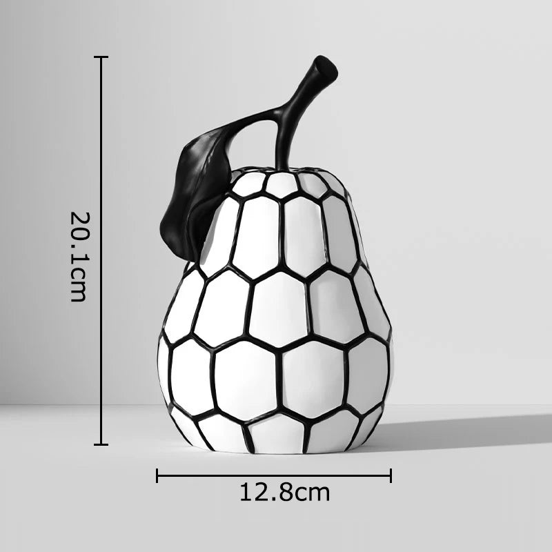 Esculturas Decorativas Frutas Listradas – Maçã e Abacaxi em Resina Minimalista Preto e Branco