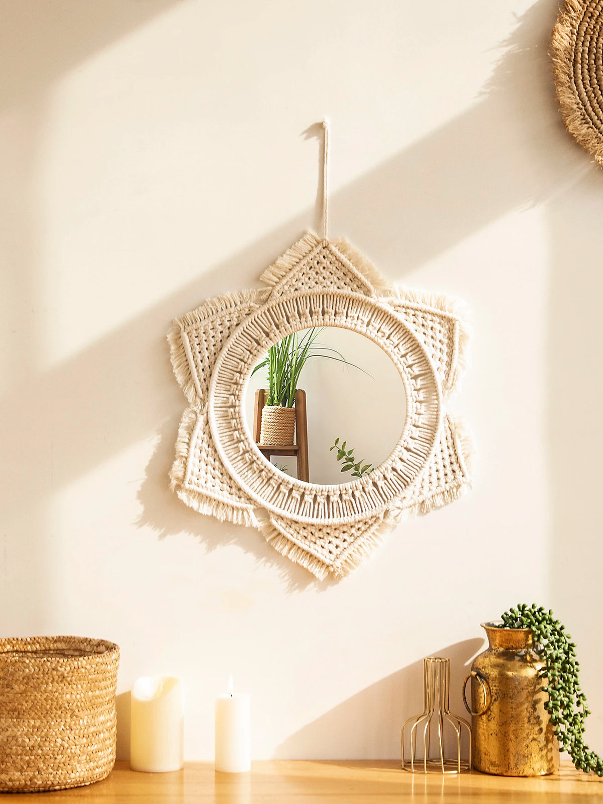 Espelho Decorativo Redondo com Moldura em Macramê – Estilo Nórdico Boho para Parede
