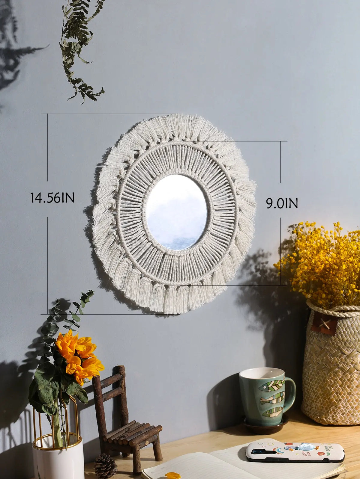 Espelho Decorativo Redondo com Moldura em Macramê – Estilo Nórdico Boho para Parede