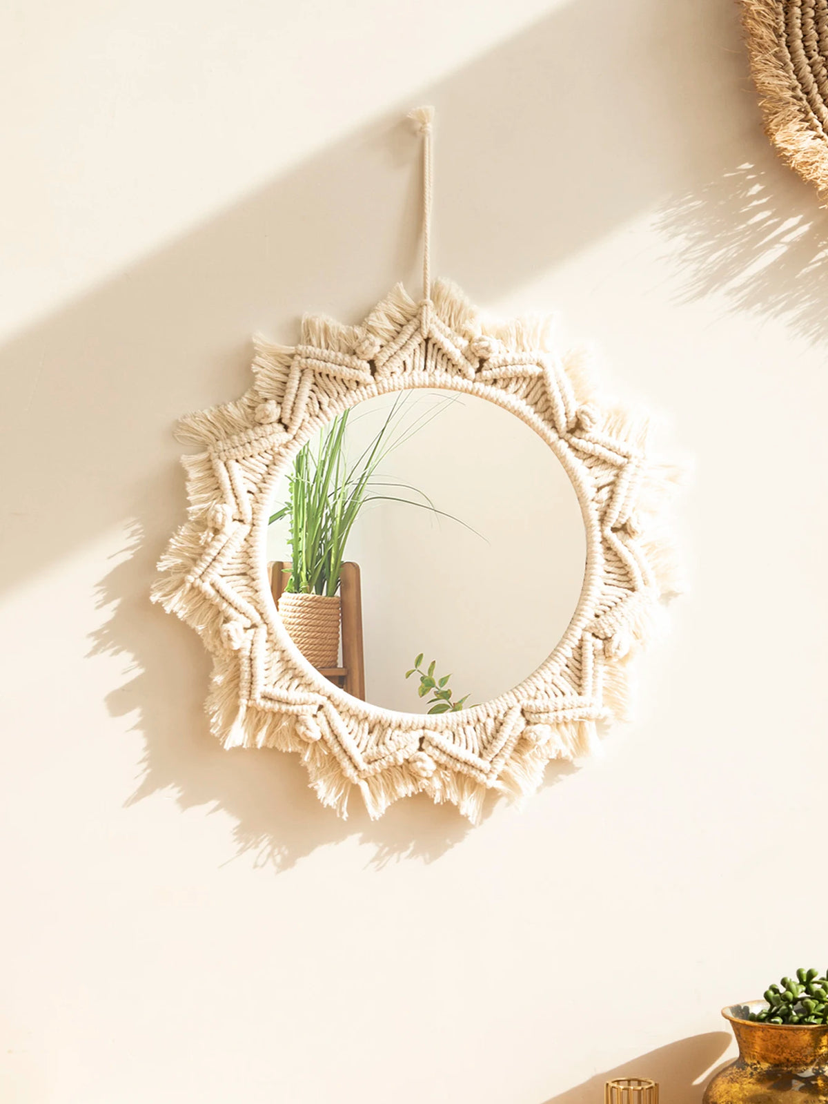Espelho Decorativo Redondo com Moldura em Macramê – Estilo Nórdico Boho para Parede