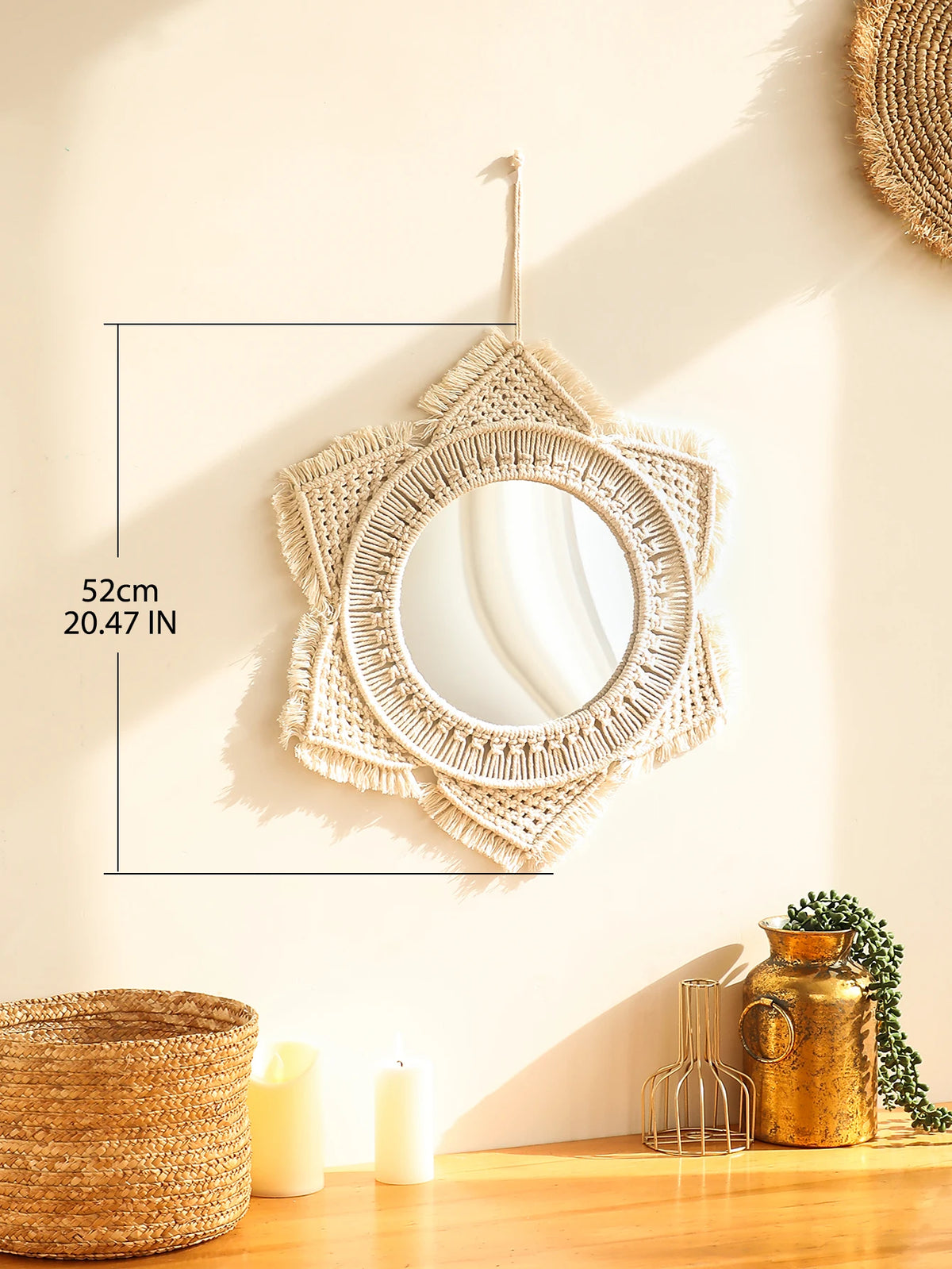Espelho Decorativo Redondo com Moldura em Macramê – Estilo Nórdico Boho para Parede