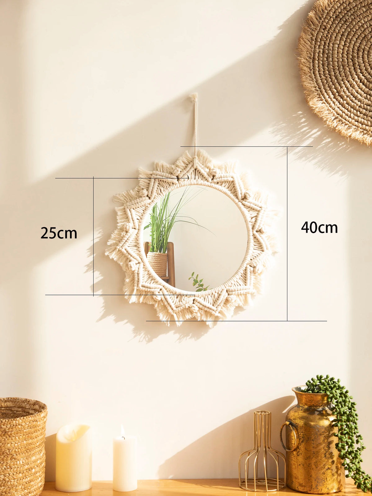 Espelho Decorativo Redondo com Moldura em Macramê – Estilo Nórdico Boho para Parede